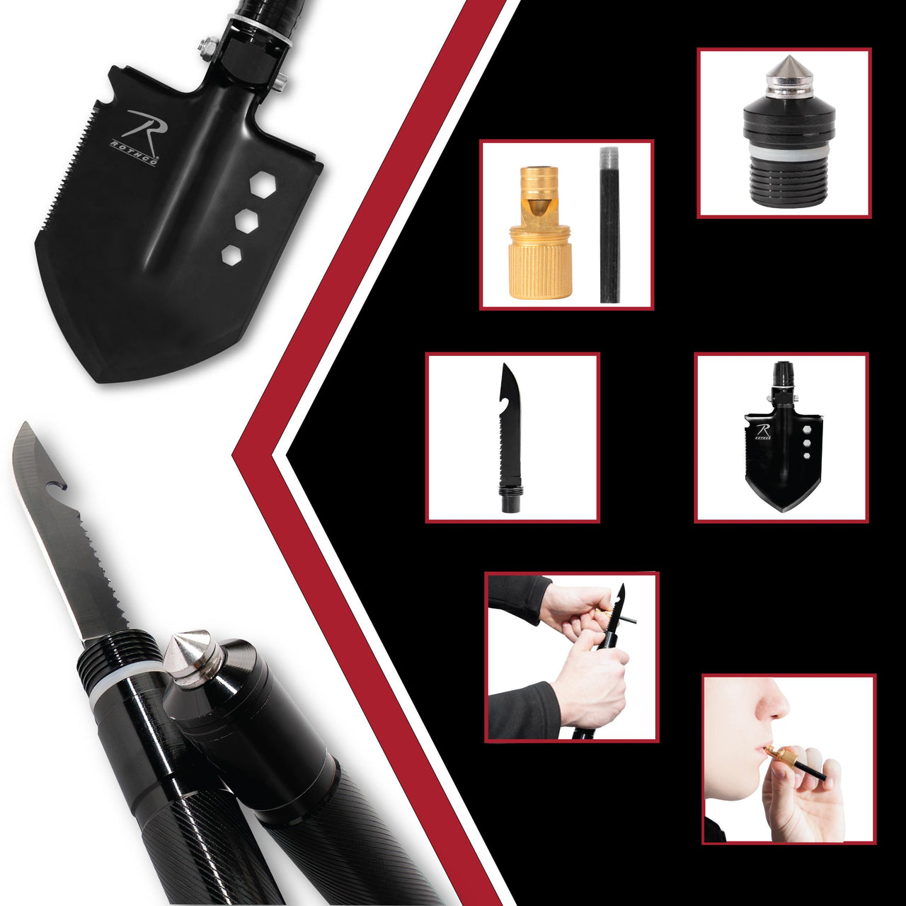 Rothco 8-in-1 Multi-Tool Survival Shovel / Portable Camping Entrenching Tool - Stainless Steel